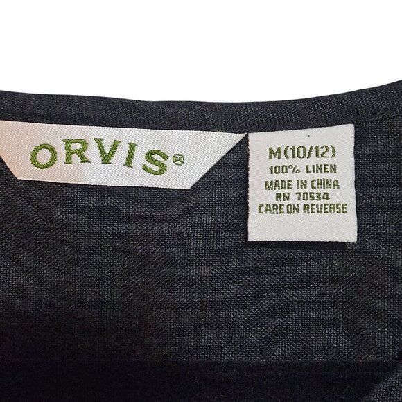 Orvis Women's Black Top M 3/4 Sleeve 100% Linen Button Front Office Business - Picture 3 of 13